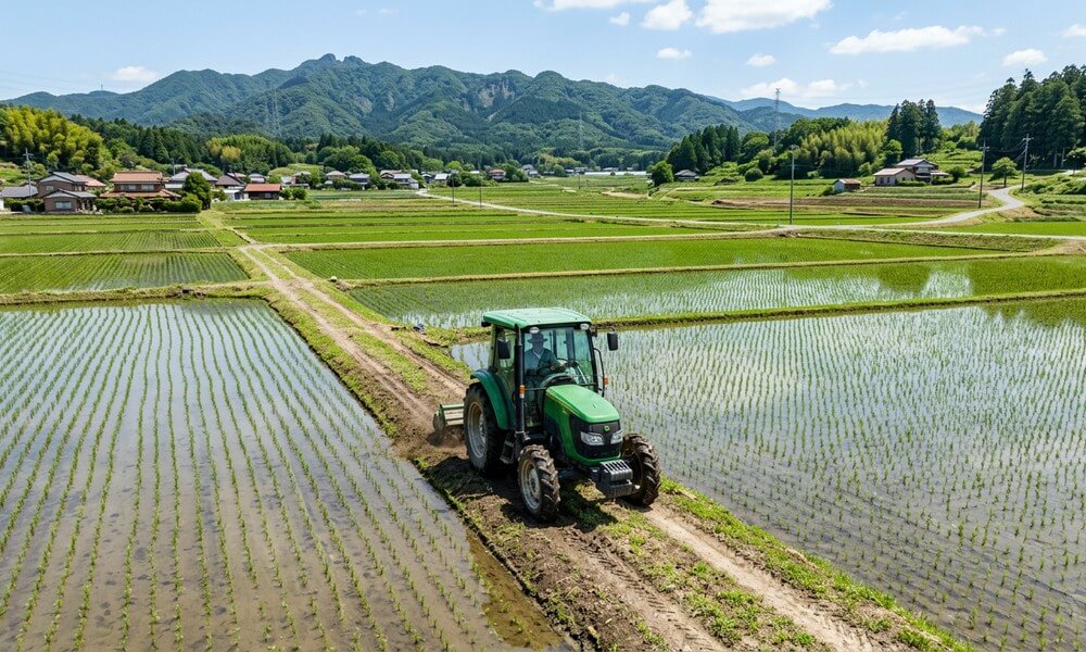 晴天の田んぼと畑を背景に_緑色の農業用トラクターが走行している様子