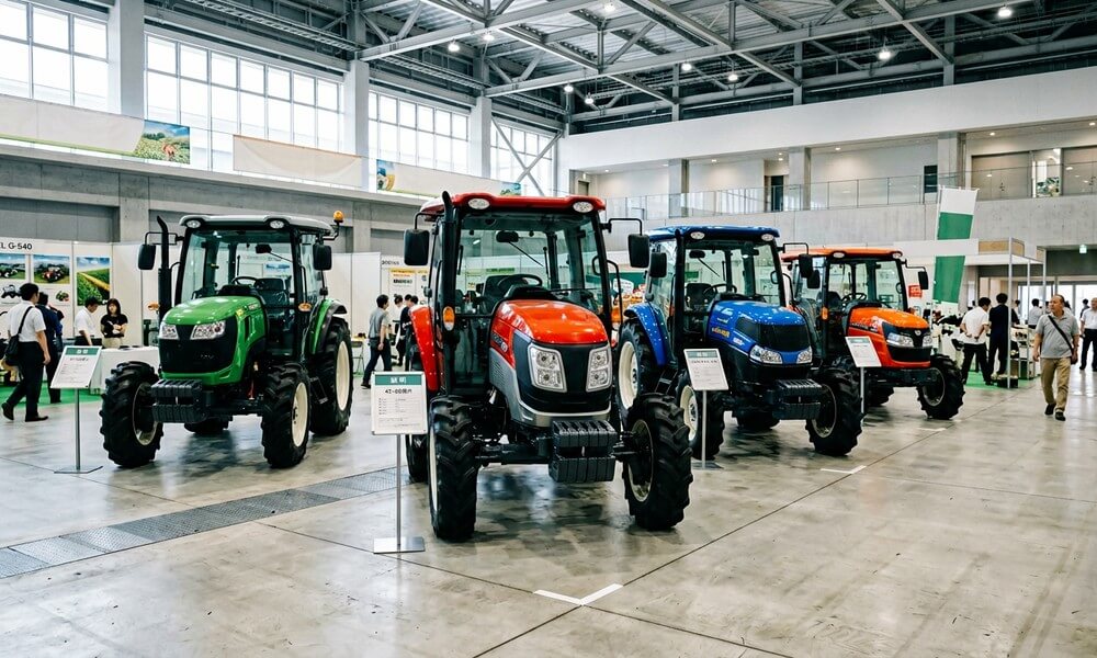 農機具の展示会_ショールームで_複数のトラクターが整然と並ぶ室内の風景
