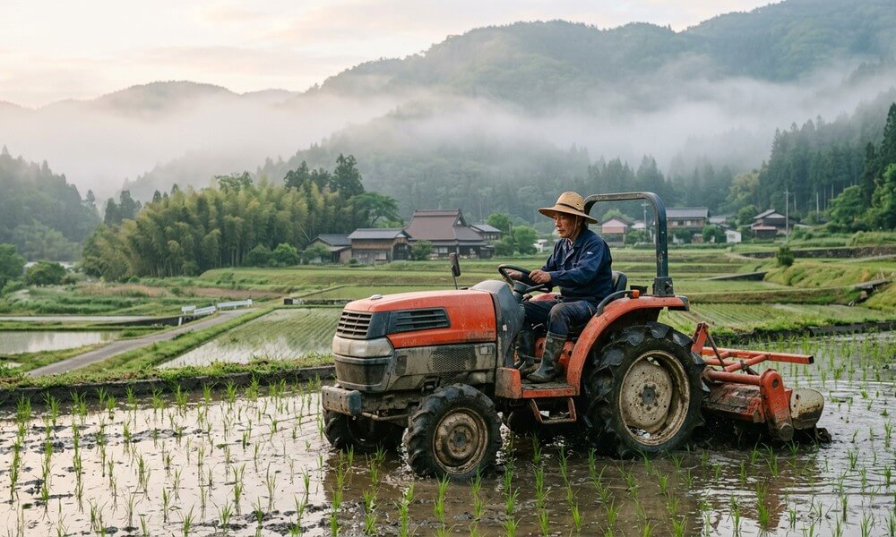 日本の水田地帯で_農家がトラクターを操作して作業している朝の風景