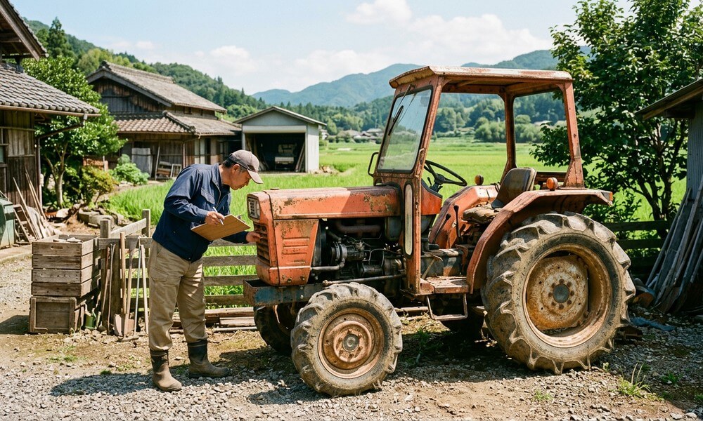 農場の片隅に置かれた古いトラクターを_担当者が書類を手に査定している様子