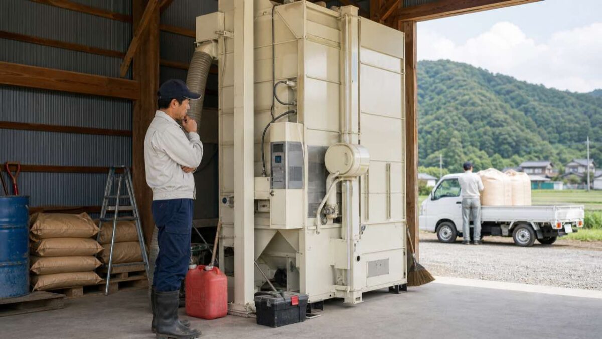 米乾燥機の維持費や乾燥委託を検討している様子
