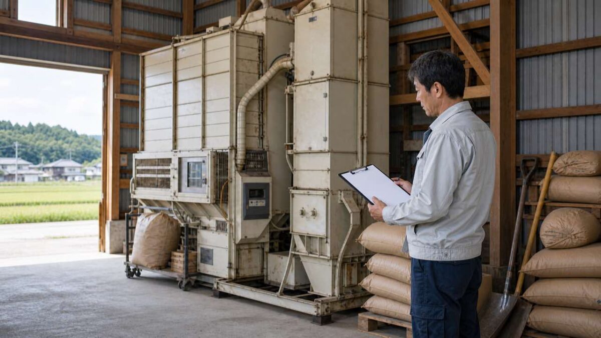 古い乾燥機の状態を確認して買い替えを検討している様子