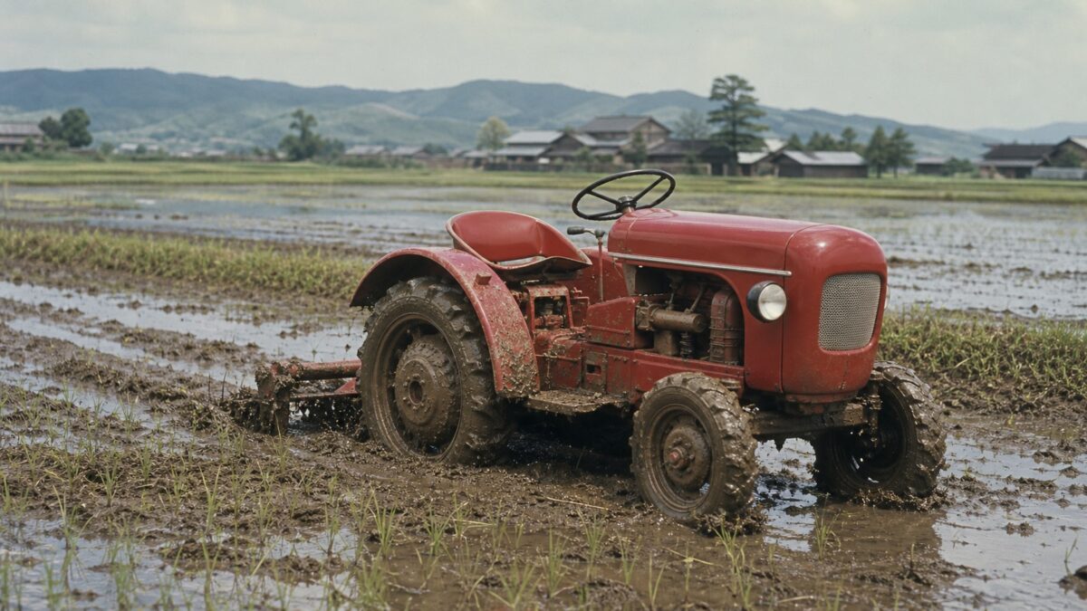 1960年代の日本の湿田で使われる赤い小型トラクターのイメージ