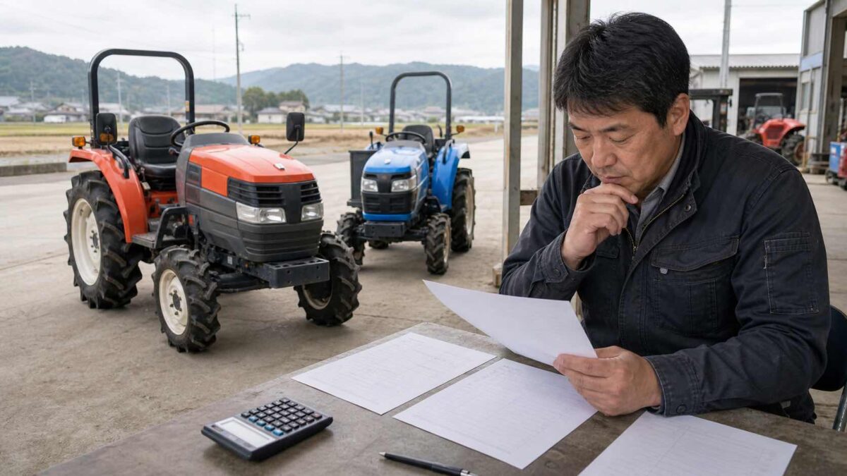 小型トラクターの見積もりと電卓を見ながら価格帯を比較している様子