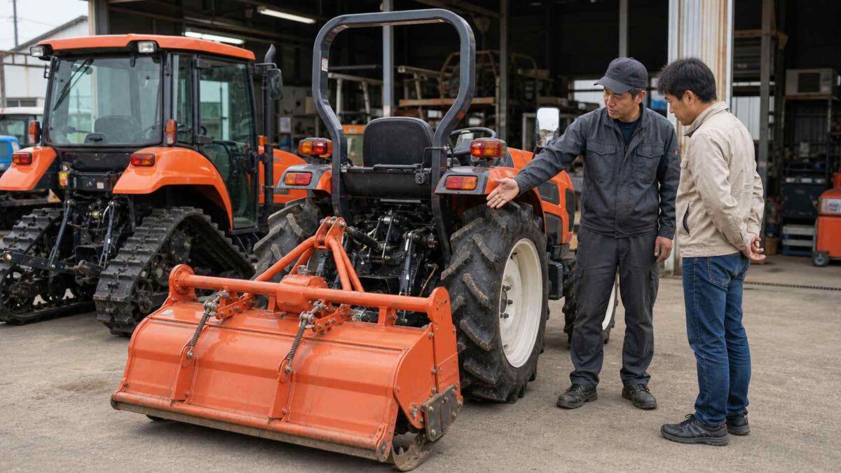 小型トラクターのロータリーや足回りなど装備の違いを確認している様子