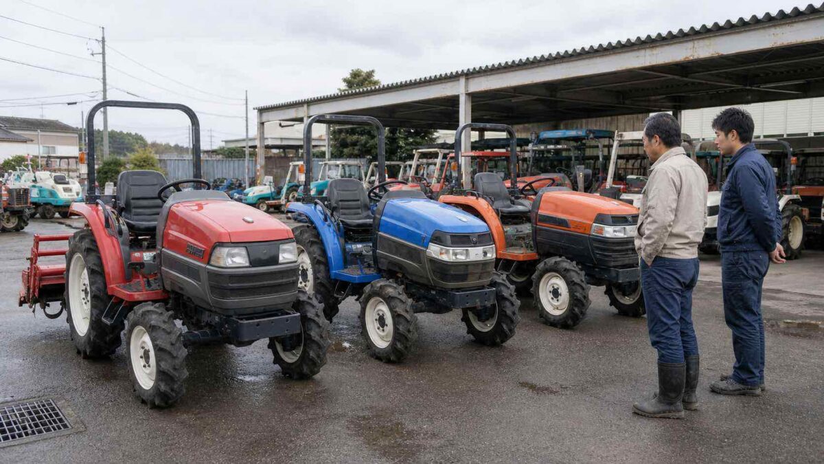 販売店で複数の小型トラクターを並べて比較している様子