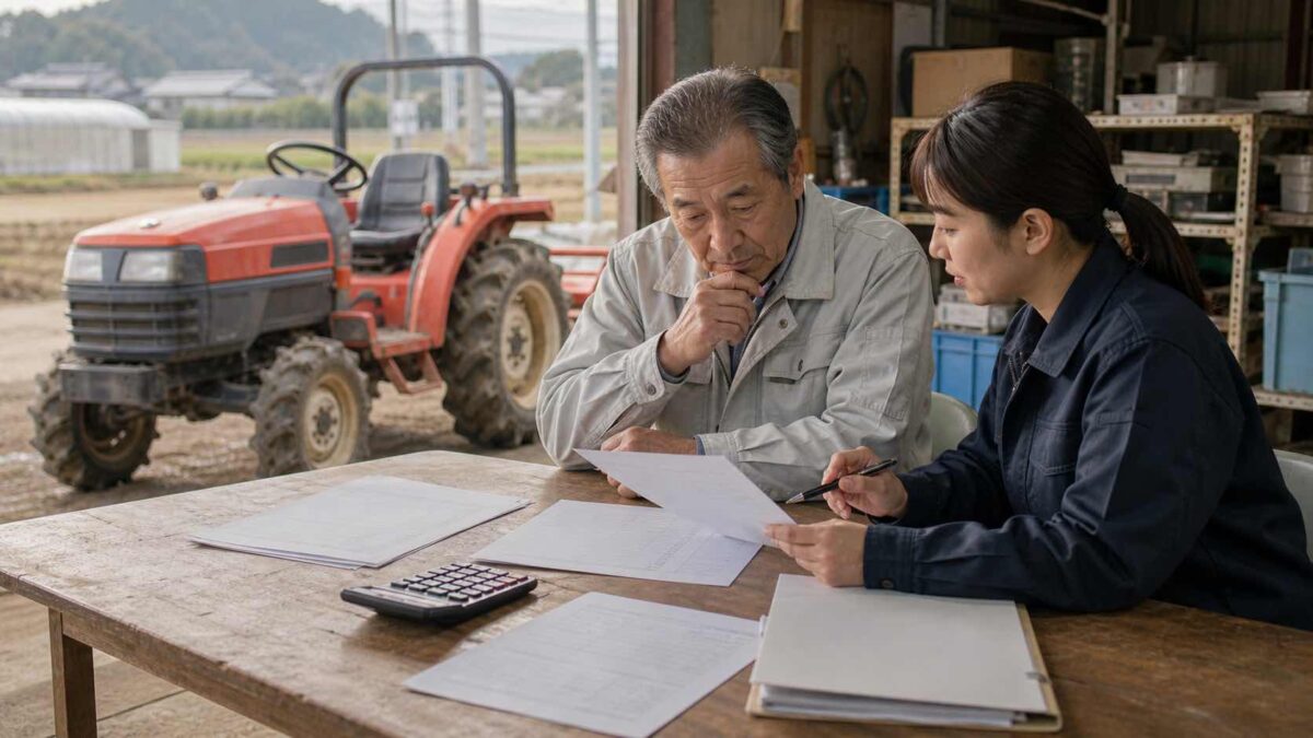 小型トラクター購入時の諸経費や補助金の書類を確認している様子