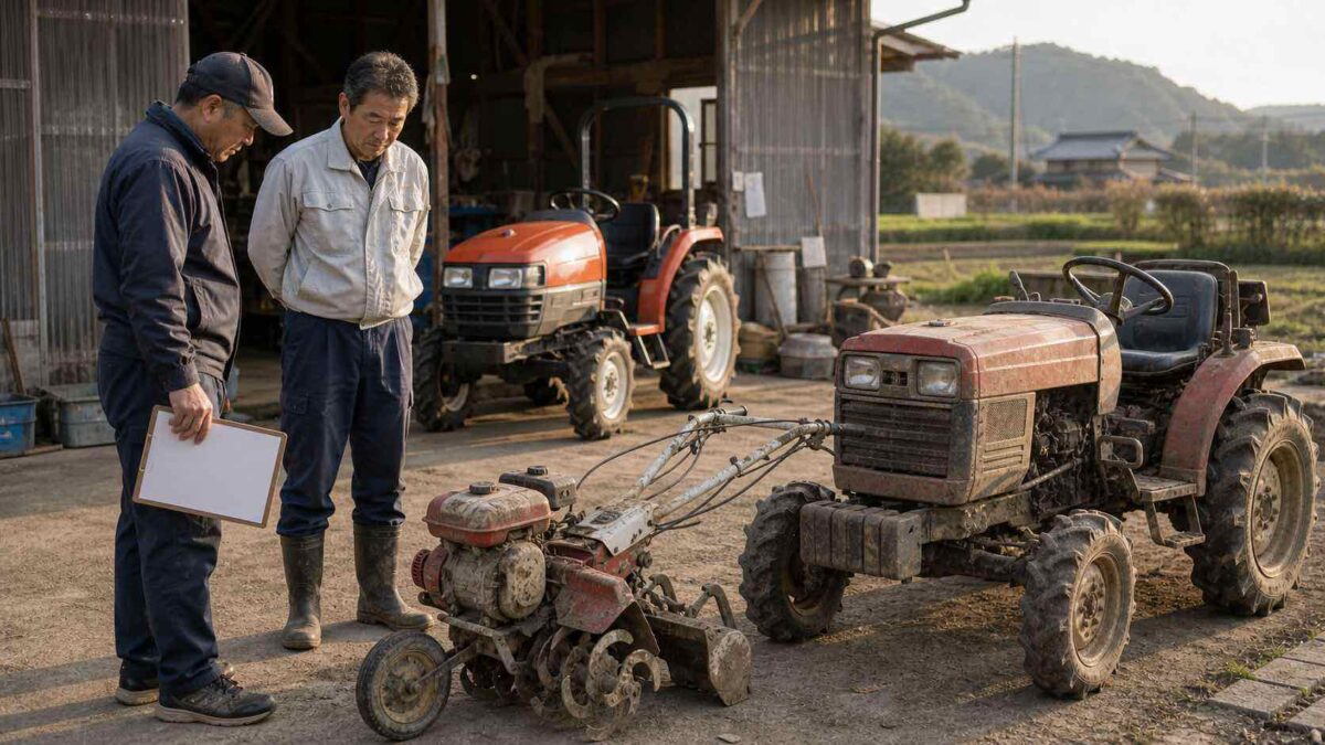 古い農機具を査定して小型トラクターの買い替え資金を検討している様子