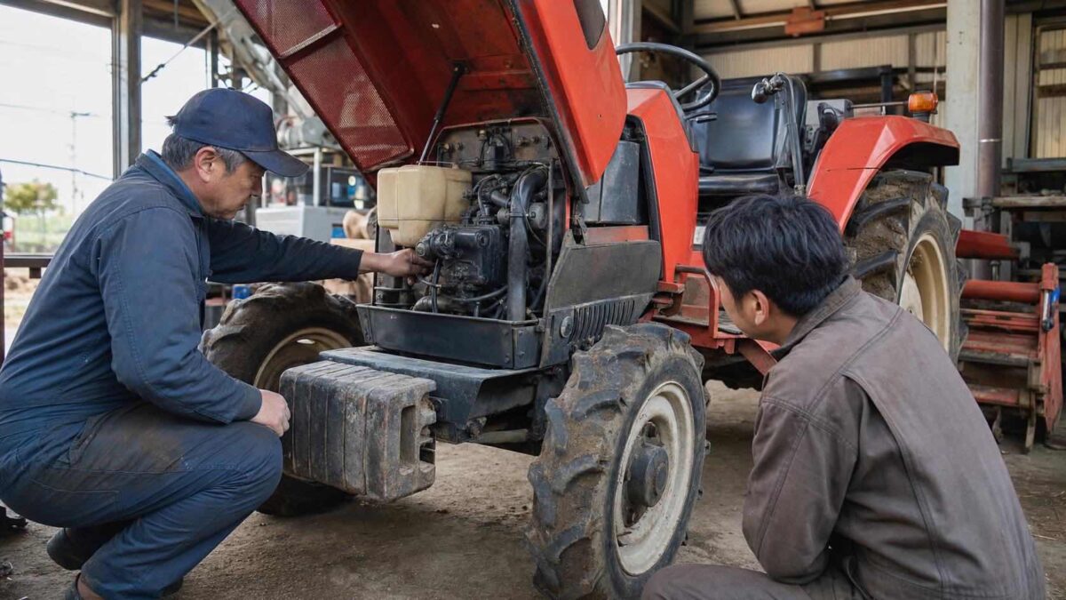 中古トラクターのエンジン周りや足回りを現車確認している様子