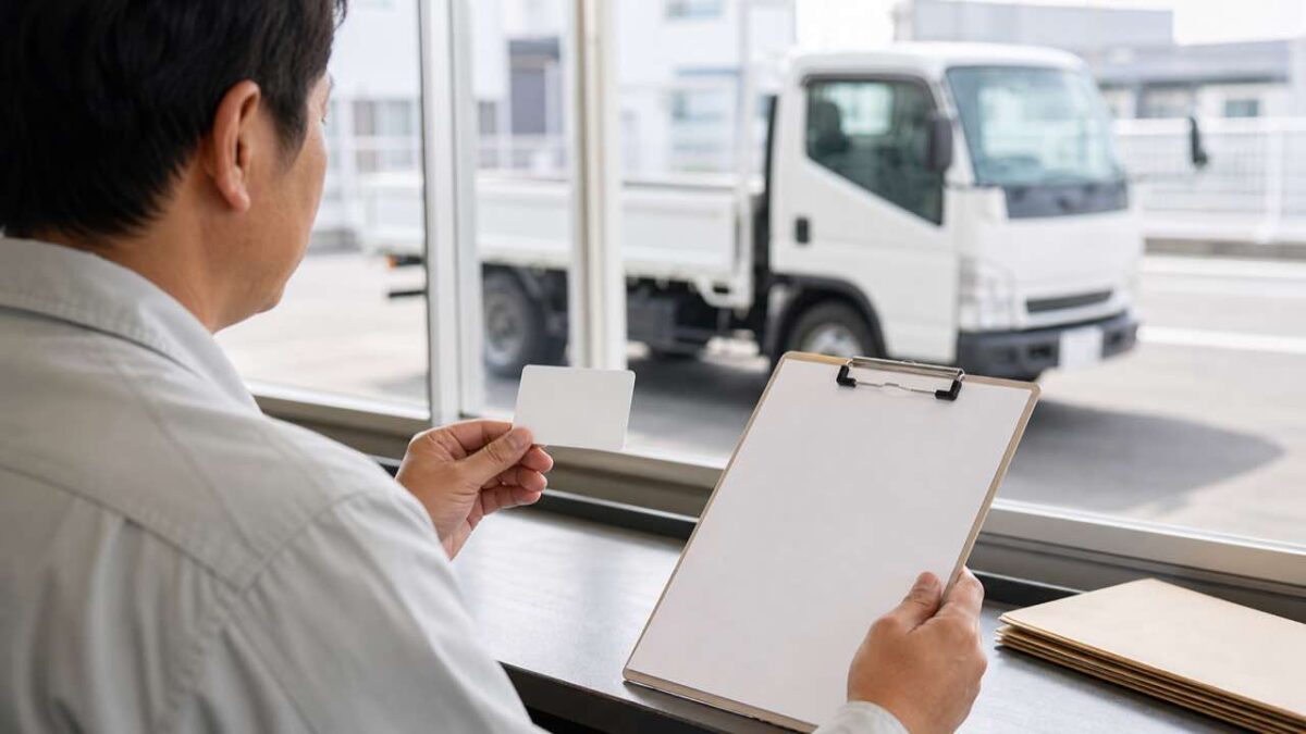 トラックの運転に必要な免許を確認している様子