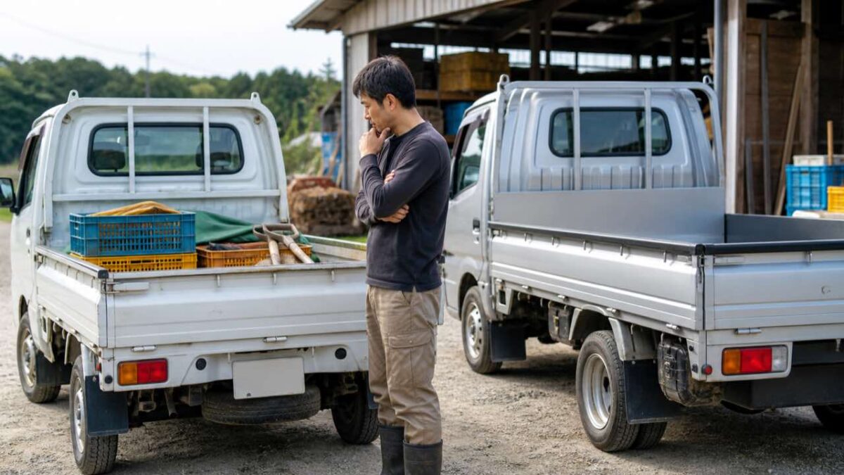 荷物や作業内容に合わせてトラックを選んでいる様子