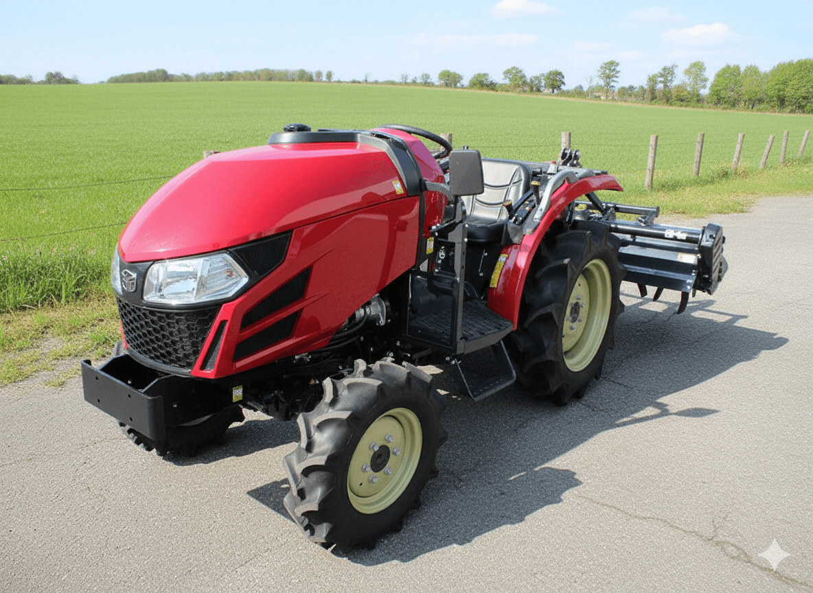 アスファルト道に停車したコンパクトな赤いトラクター