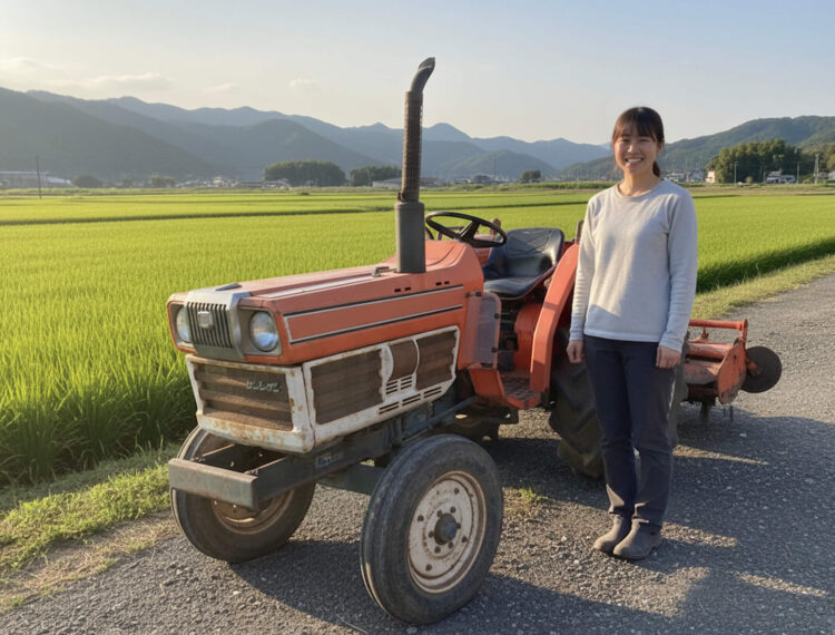 トラクターの横に立つ女性と田んぼの風景
