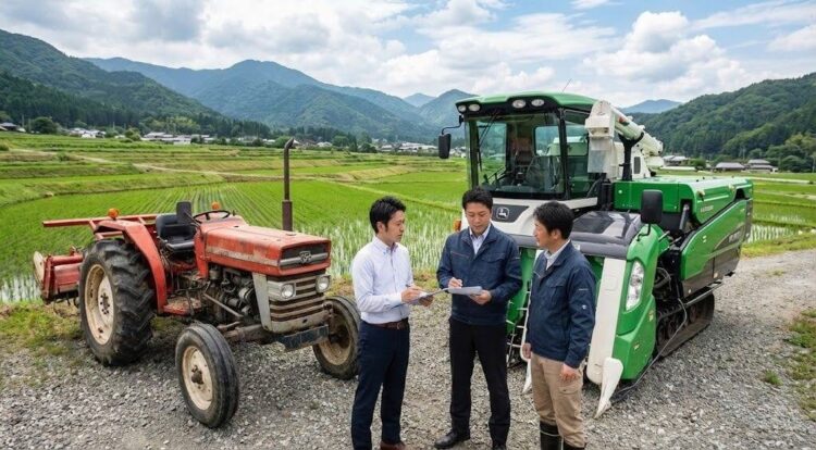 トラクターを査定する男性たち