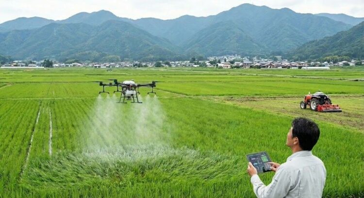 ドローンを操作する作業者