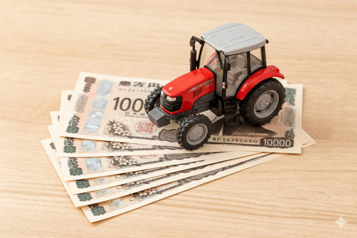 一万円札の上に置かれた赤いトラクターの模型