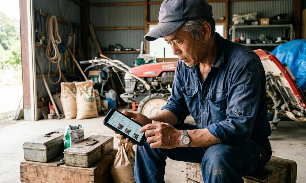 倉庫にいる農家