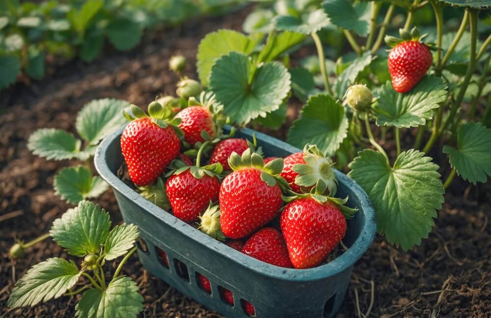 収穫されたイチゴがカゴに入っている