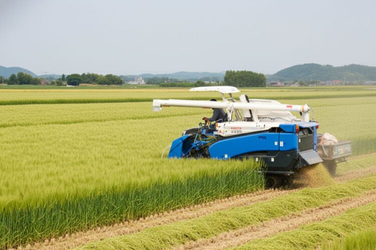 田んぼに入るコンバイン