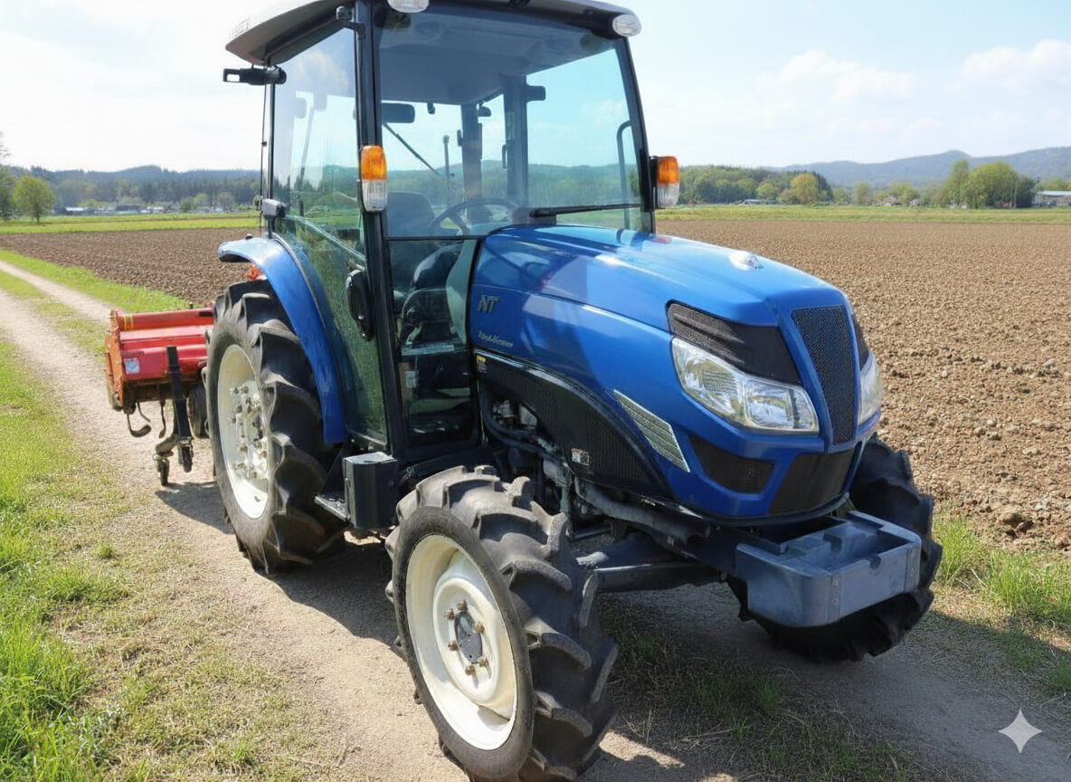 後部にアタッチメントを装着した青いトラクター