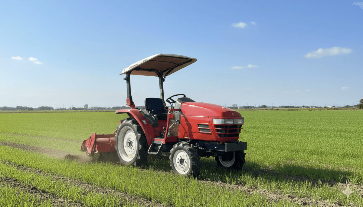 水田を耕す赤いトラクター
