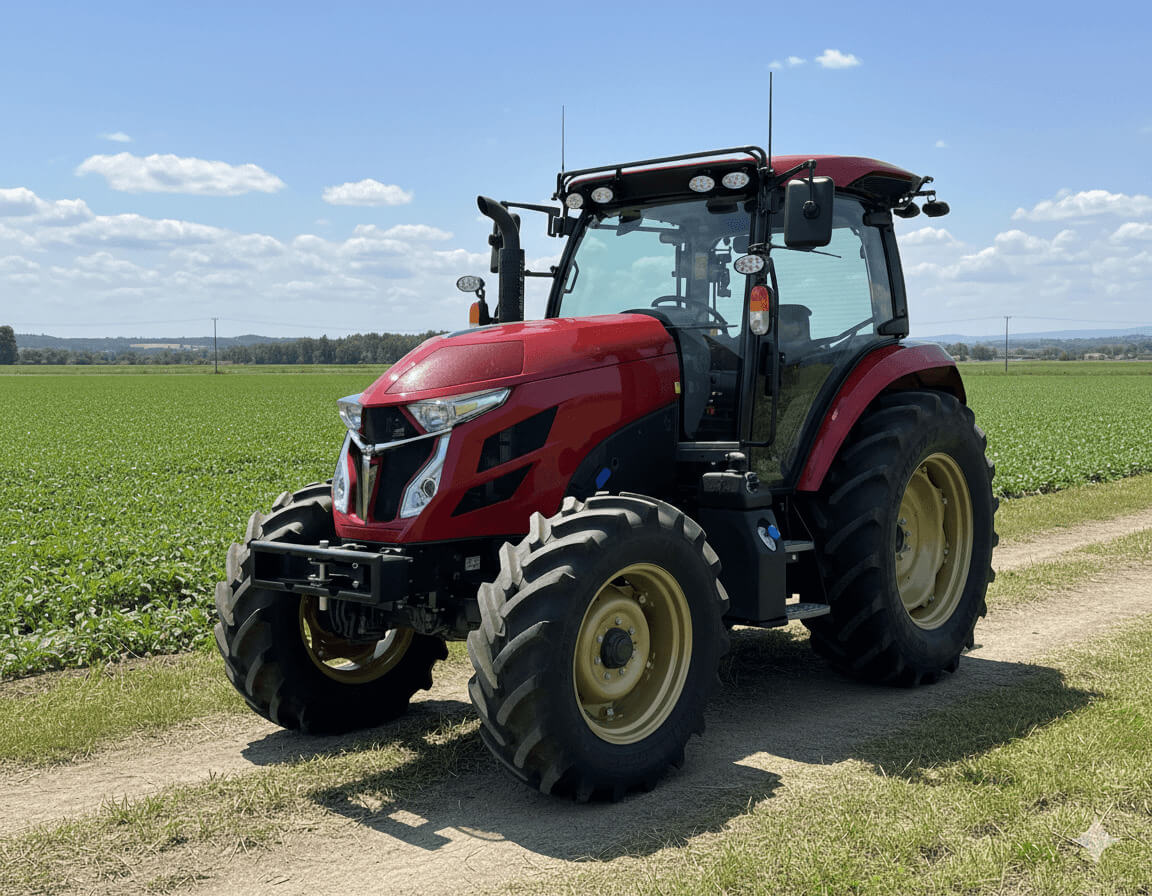 畑の横に停車した近代的な赤いトラクター