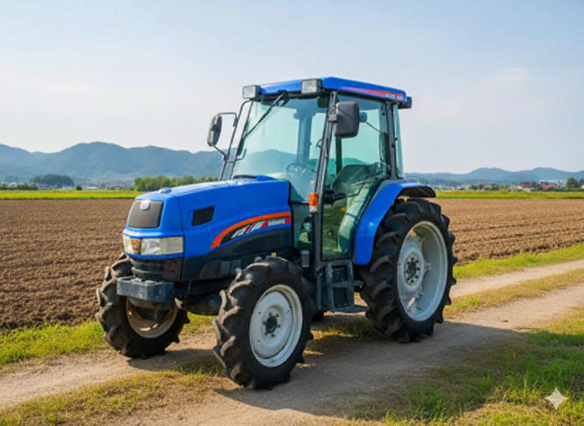 畑の横を走る青いキャビン付きトラクター