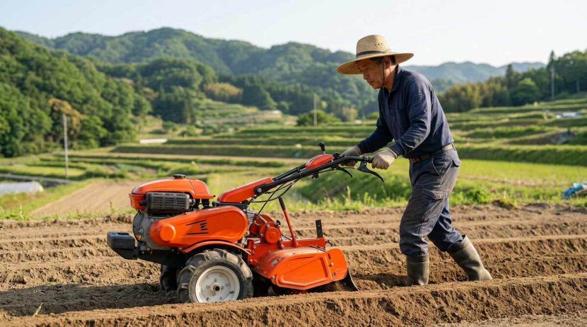 畝立て_作業中の農家とオレンジ色管理機