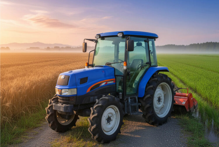 稲穂の横に停まる青いトラクター