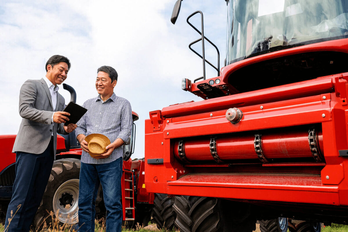 赤い農機の前で話す営業マンと農家の男性