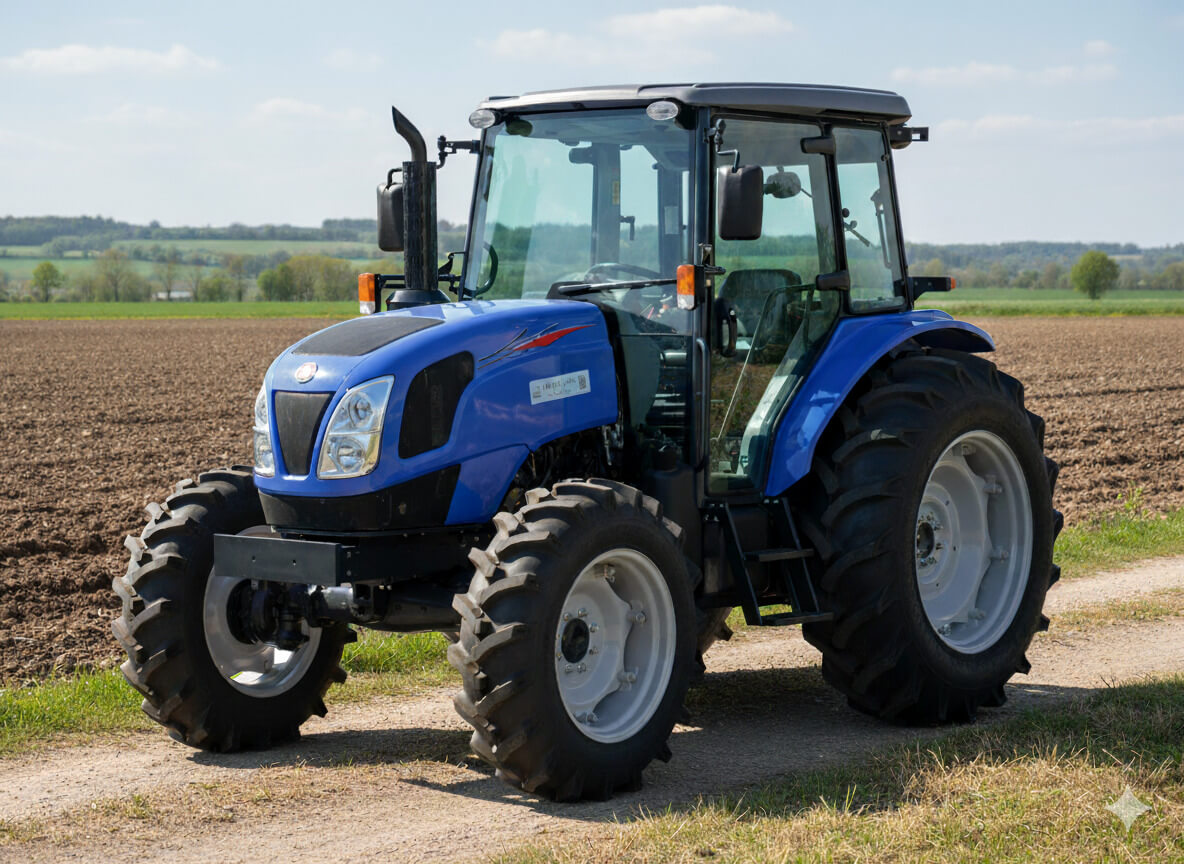 青いトラクターが畑道に停車している様子